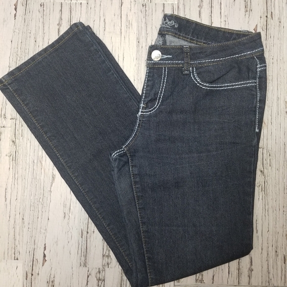Bootcut Dark Denim Jeans with Light Blue Stitching - Picture 1 of 10